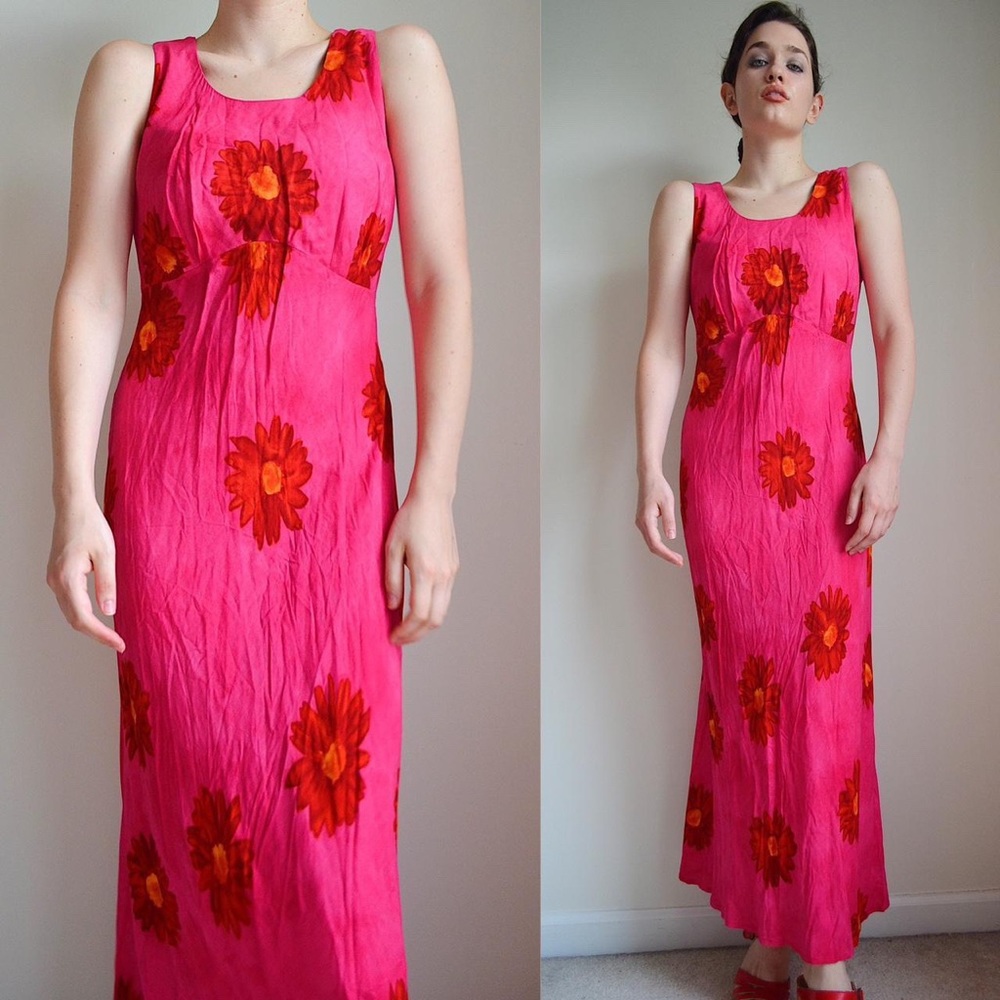 vintage 90s full length pink and red floral dress from byer studio california